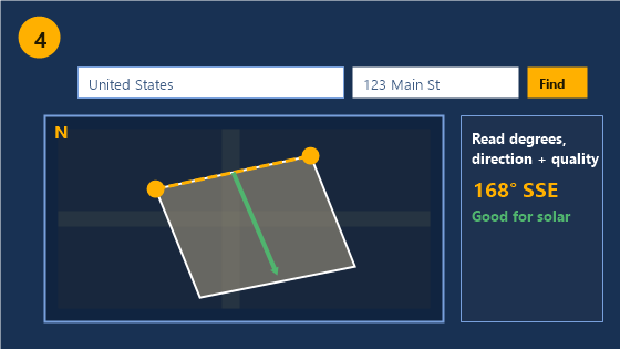 Step 4: azimuth result card showing degrees, direction name, quality, and green perpendicular arrow on the map